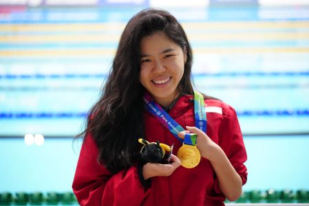 Singapore's Xiu Pin Yip poses with her Gold medal after winning the Womens 50M Backstroke S2 event at the Manchester 2023 Para Swimming World Championships in Manchester, Britain, Saturday, August 5, 2023. (Photo/Jon Super 00447974 356-333)  
jon@jonsuper.com
www.jonsuper.com