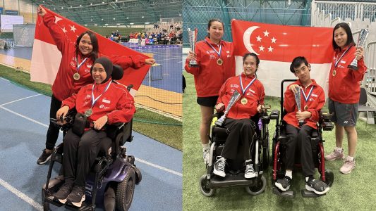 (Left: Nurulasyiqah Mohd Taha and her athlete competition partner, Nur Azizah; right: Toh Sze Ning and Aloysius Gan Kai Hong with their athlete competition partners, Chew Zi Qun and Eve Cher)
(Photo credit: Singapore Disability Sports Council)