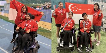 (Left: Nurulasyiqah Mohd Taha and her athlete competition partner, Nur Azizah; right: Toh Sze Ning and Aloysius Gan Kai Hong with their athlete competition partners, Chew Zi Qun and Eve Cher)
(Photo credit: Singapore Disability Sports Council)